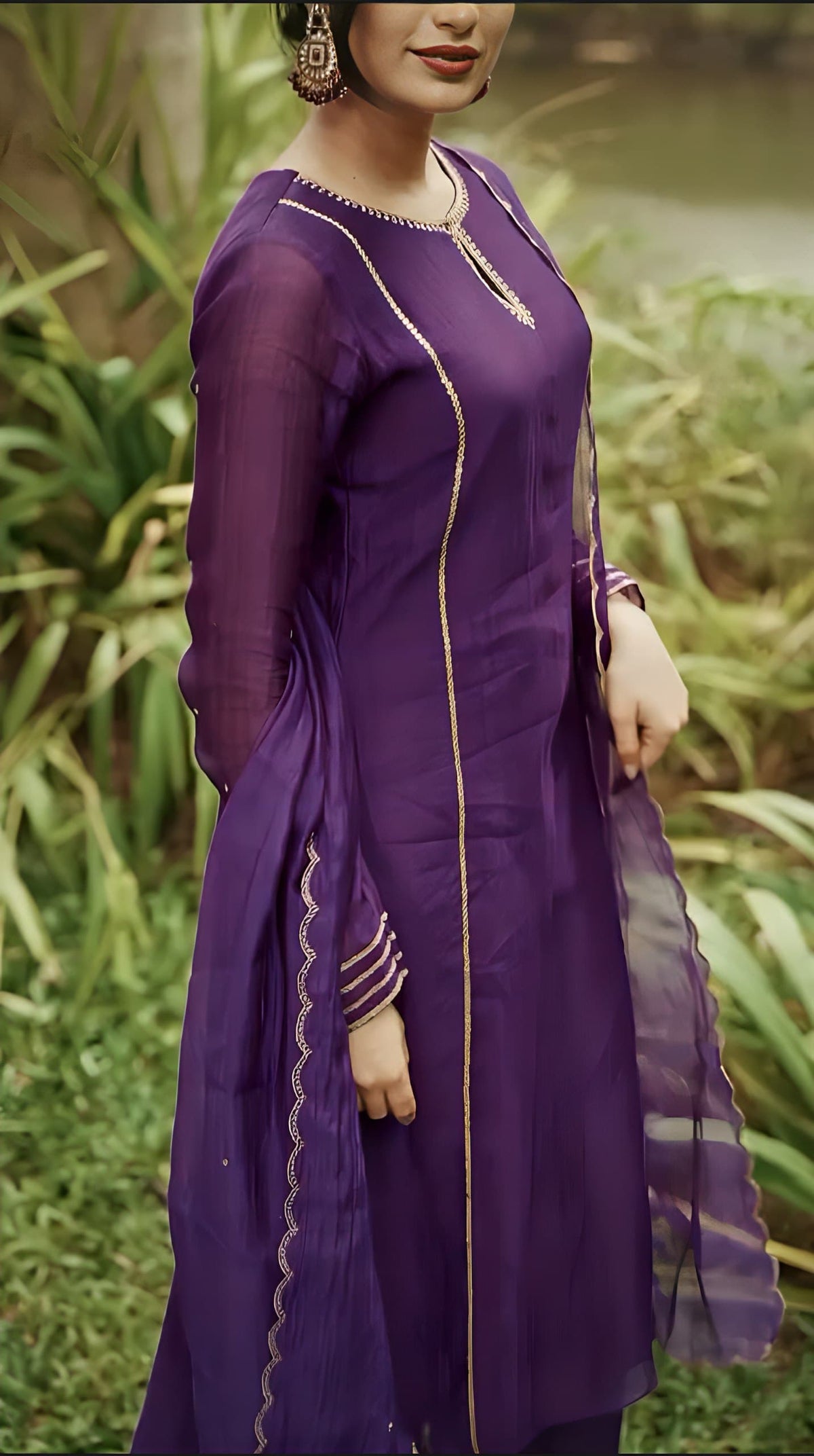 Purple Silk Blend Suit Set with Scalloped Border Dupatta