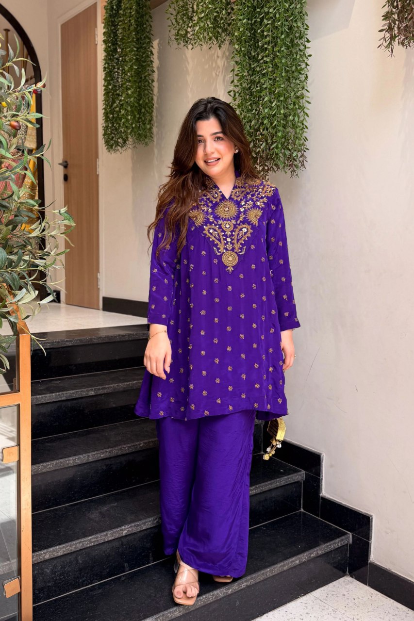 Elegant Royal Purple Embroidered Kurta Set with Wide-Leg Pants