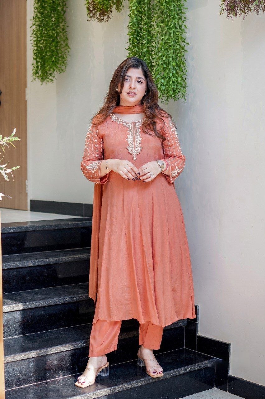 Elegant Peach Anarkali Kurta Set with Handcrafted Embroidery & Dupatta
