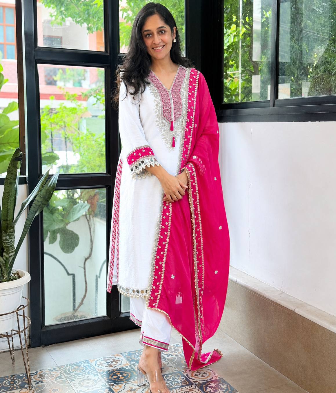 Elegant White Chinon Kurta Pant Set with Rani Pink Embroidered Dupatta – 3-Piece Festive Co-ord Set