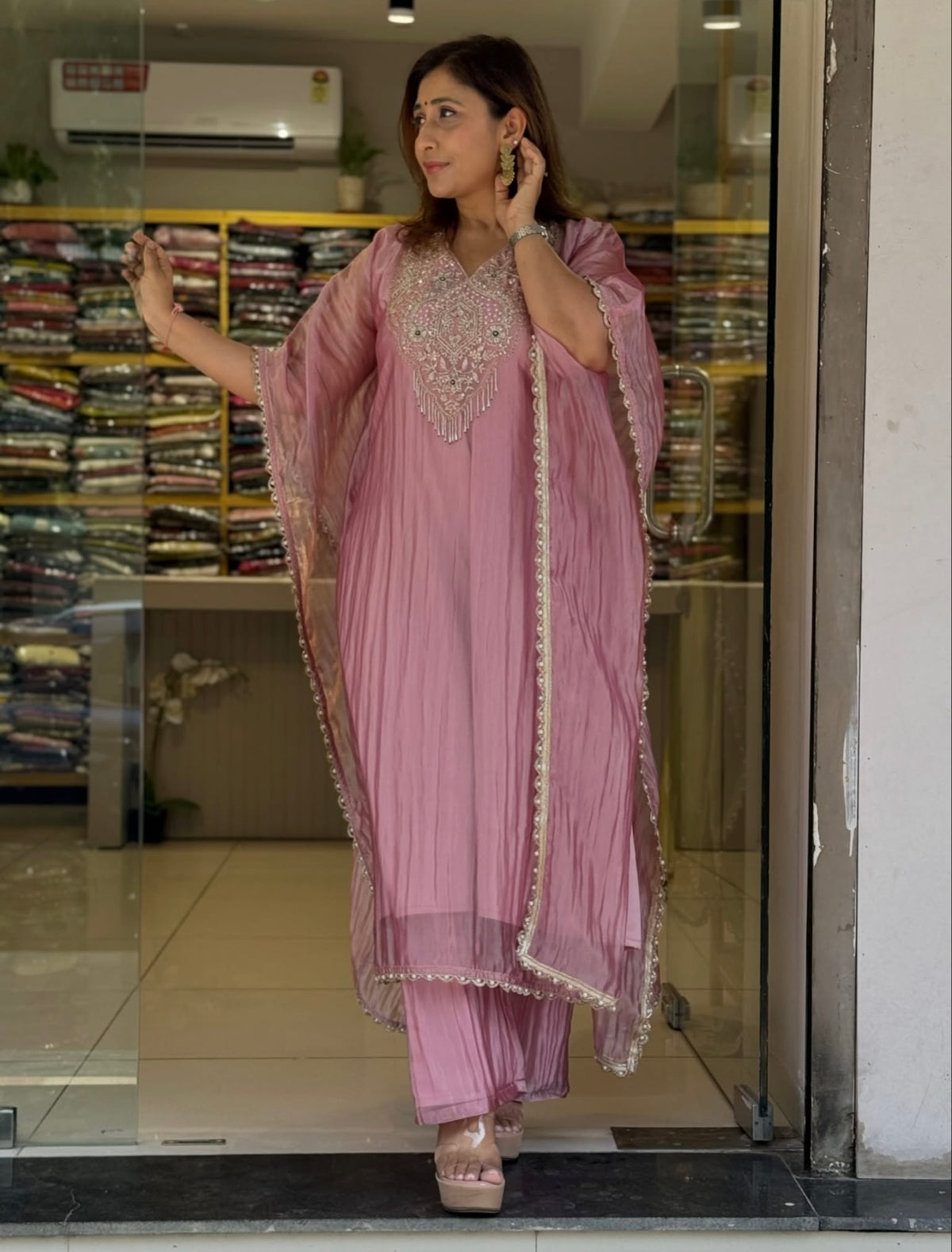 Premium Metallic Pink Glass Tissue Kaftan Set with Matching Pants