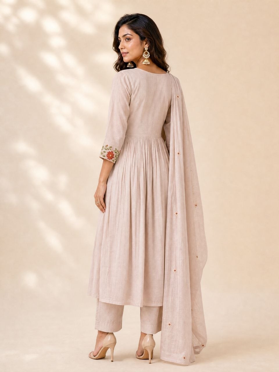 Elegant Beige Embroidered Anarkali Kurta Set with Dupatta & Pants