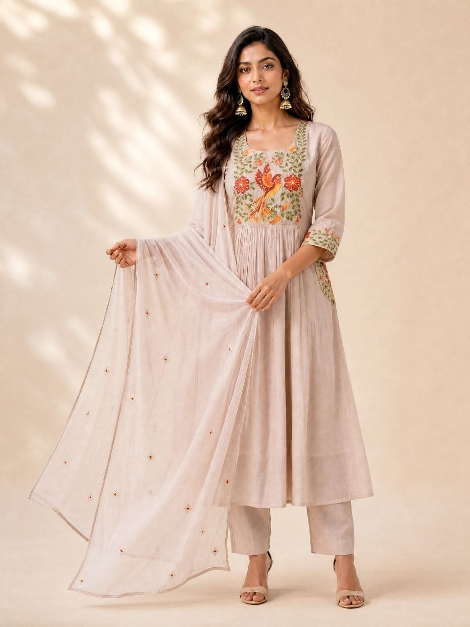 Elegant Beige Embroidered Anarkali Kurta Set with Dupatta & Pants