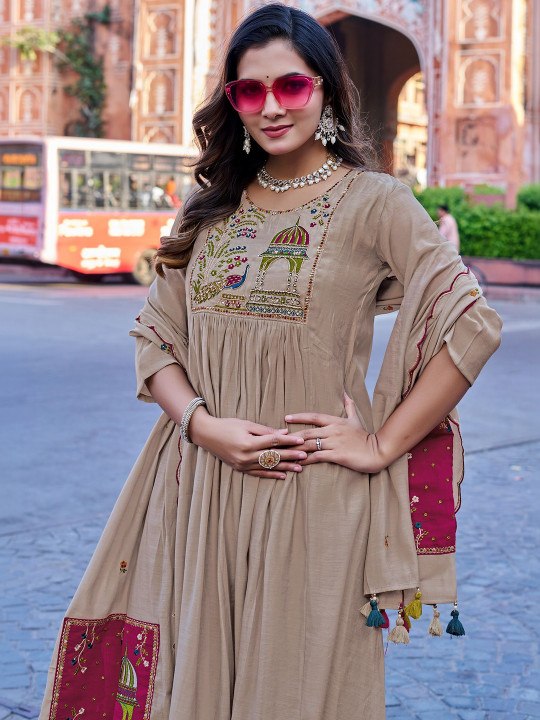 Women's Elegant Beige Chanderi Cotton Flared Kurta with Trousers & Designer Scalloped Dupatta Set