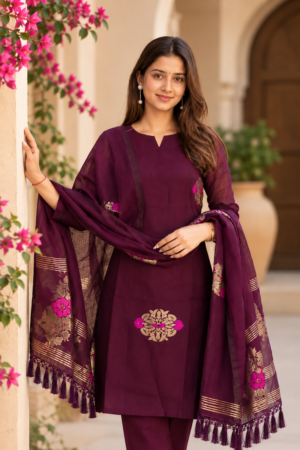 Wine Maroon Embroidered Kurta Pant Set with Printed Dupatta for Women