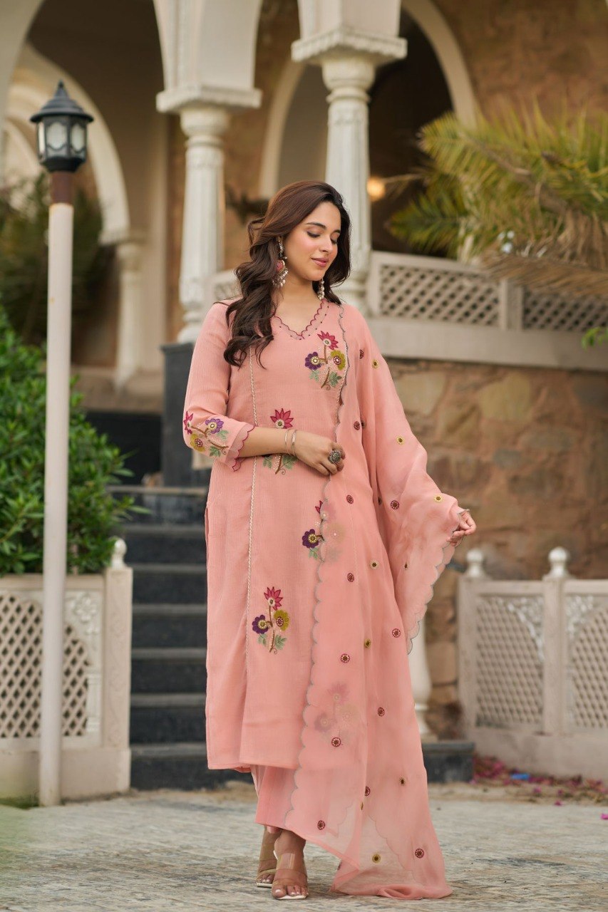 Elegant Peach Blush Floral Embroidered Kurta Set with Dupatta