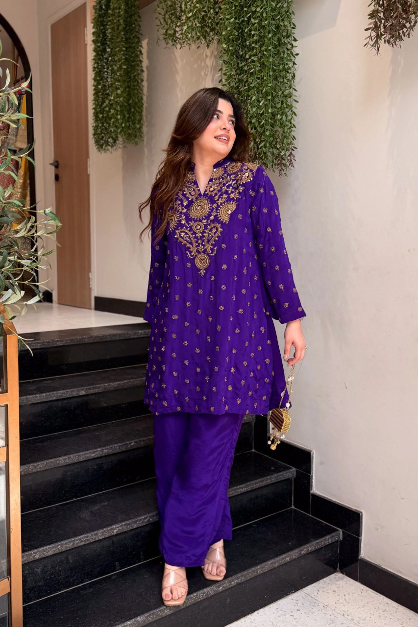 Elegant Royal Purple Embroidered Kurta Set with Wide-Leg Pants